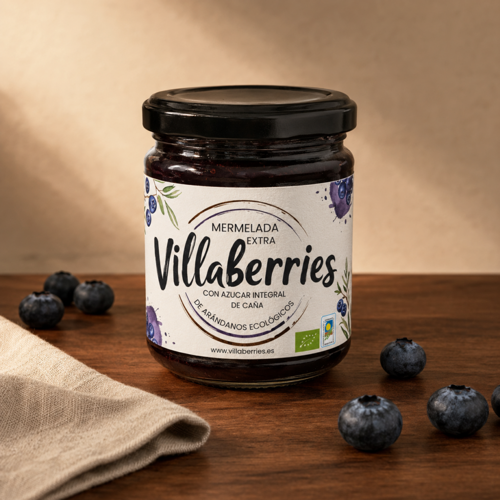 Mermelada de arándanos Villaberries con azúcar de caña integral 25 %