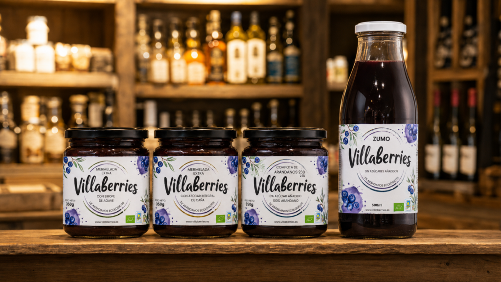 Productos gourmet de arándano ecológico Villaberries con mermeladas, compota y zumo