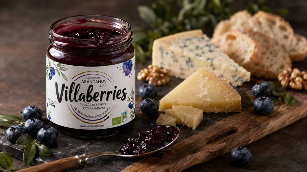 Compota 100 % arándano ecológico Villaberries con arándanos frescos y maridaje gourmet