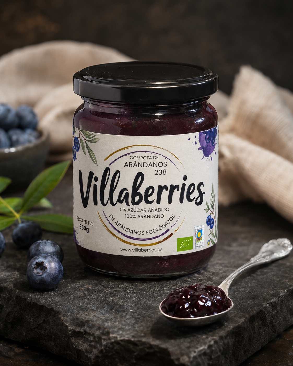 Compota de Arándano 238 Villaberries 100 % arándano sin azúcar añadido